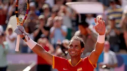 Rafael Nadal of Team Spain celebrates after winning match point against Marton Fucsovics of Team Hungary during the Men’s Singles first round match on day two of the Olympic Games Paris 2024 at Roland Garros on July 28, 2024 in Paris, France. (Photo by Clive Brunskill/Getty Images)