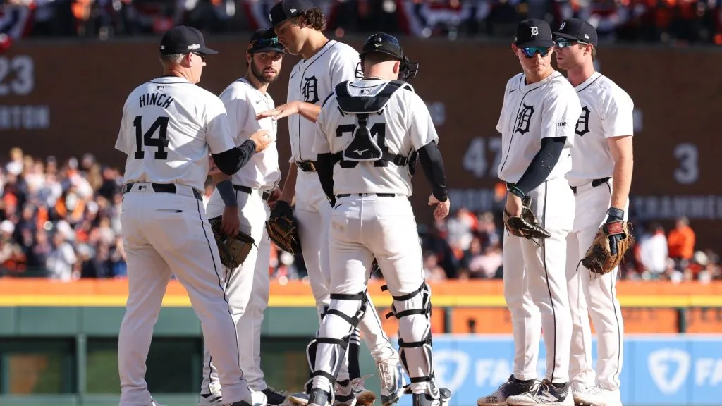 Manager A.J. Hinch #14 of the Detroit Tigers removes pitcher Brant Hurter #48 of the Detroit Tigers in the in the fifth inning against the Cleveland Guardians during Game Three of the Division Series at Comerica Park on October 09, 2024 in Detroit, Michigan. (Photo by Gregory Shamus/Getty Images)