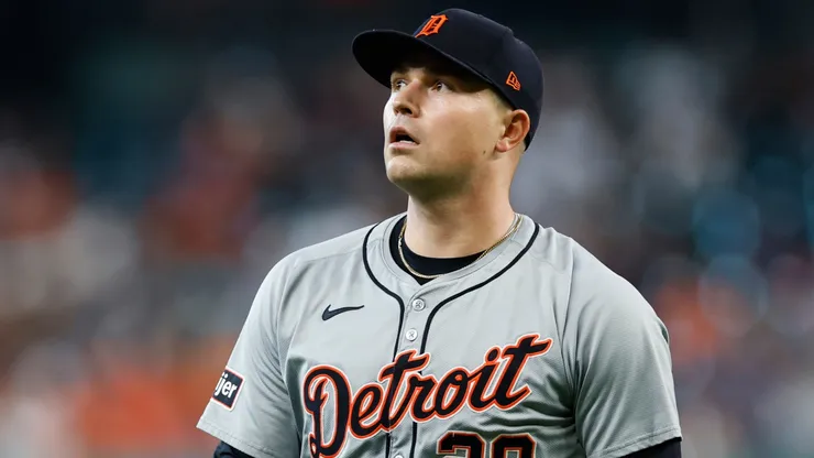 Tarik Skubal #29 of the Detroit Tigers walks off the field after the second inning against the Houston Astros during Game One of the Wild Card Series at Minute Maid Park on October 01, 2024 in Houston, Texas.