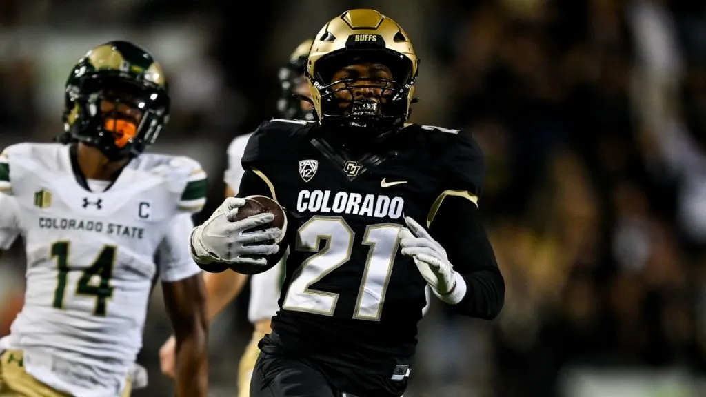 Safety Shilo Sanders #21 of the Colorado Buffaloes runs for a touchdown after an interceprtion against the Colorado State Rams in the first quarter at Folsom Field on September 16, 2023 in Boulder, Colorado.