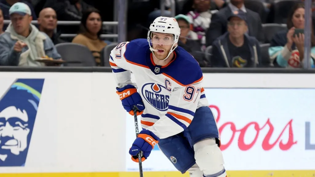 Connor McDavid #97 of the Edmonton Oilers skates against the Seattle Kraken during the third period at Climate Pledge Arena on October 02, 2024 in Seattle, Washington.