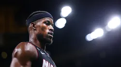 Jimmy Butler #22 of the Miami Heat looks on against the Boston Celtics during the first quarter in game five of the Eastern Conference Finals at TD Garden on May 25, 2023 in Boston, Massachusetts.