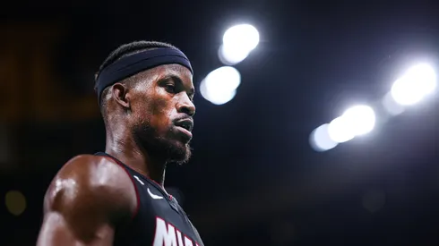Jimmy Butler #22 of the Miami Heat looks on against the Boston Celtics during the first quarter in game five of the Eastern Conference Finals at TD Garden on May 25, 2023 in Boston, Massachusetts.
