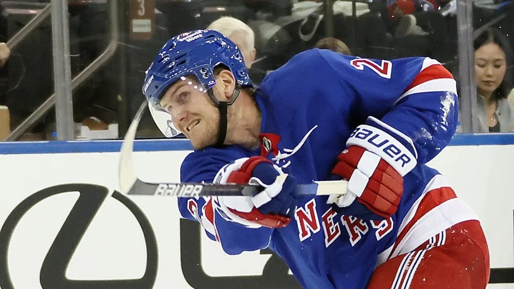 Adam Fox #23 of the New York Rangers skates against the New York Islanders at Madison Square Garden on September 24, 2024 in New York City.