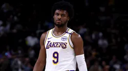 Bronny James #9 of the Los Angeles Lakers looks on during the second quarter against the Phoenix Suns at Acrisure Arena on October 06, 2024 in Palm Springs, California.