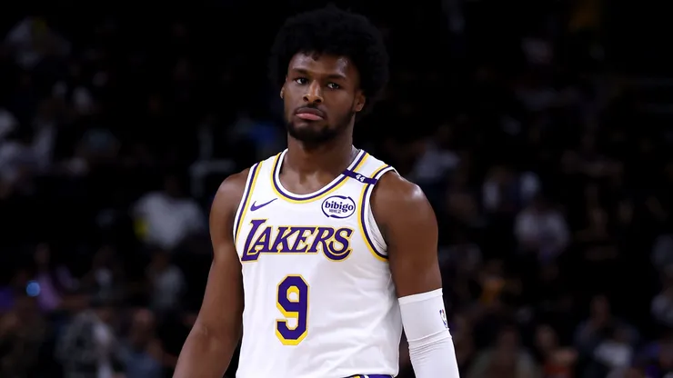 Bronny James #9 of the Los Angeles Lakers looks on during the second quarter against the Phoenix Suns at Acrisure Arena on October 06, 2024 in Palm Springs, California.
