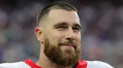 Travis Kelce #87 of the Kansas City Chiefs and AFC is interviewed on a sideline during the 2022 NFL Pro Bowl against the NFC at Allegiant Stadium on February 06, 2022 in Las Vegas, Nevada. The AFC defeated the NFC 41-35.