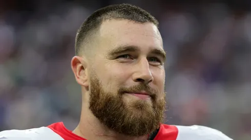 Travis Kelce #87 of the Kansas City Chiefs and AFC is interviewed on a sideline during the 2022 NFL Pro Bowl against the NFC at Allegiant Stadium on February 06, 2022 in Las Vegas, Nevada. The AFC defeated the NFC 41-35.