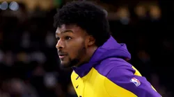 Bronny James #9 of the Los Angeles Lakers warms up prior to the game against the Phoenix Suns at Acrisure Arena on October 06, 2024 in Palm Springs, California.