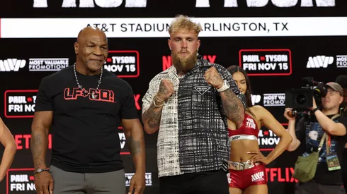 Mike Tyson and Jake Paul attend Fanatics Fest Press Conference at Javits Center on August 18, 2024 in New York City. (Photo by Michael Loccisano/Getty Images)