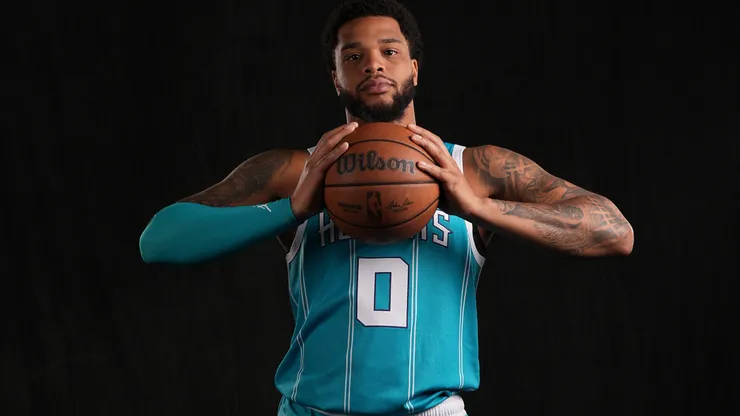 Miles Bridges #0 of the Charlotte Hornets poses for a portrait during Charlotte Hornets Media Day at Spectrum Center on September 30, 2024 in Charlotte, North Carolina.