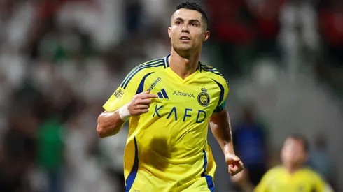 Cristiano Ronaldo of Al Nassr celebrates after scoring the 1st goal during the Saudi Pro League match between Al Ettifaq and Al Nassr at Al Ettifaq Stadium on September 20, 2024 in Ad Dammam, Saudi Arabia. (Photo by Yasser Bakhsh/Getty Images)
