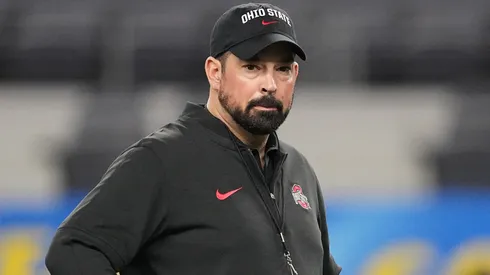 Head coach Ryan Day of the Ohio State Buckeyes looks on prior to a game against the Missouri Tigers during the Goodyear Cotton Bowl at AT&T Stadium on December 29, 2023 in Arlington, Texas.