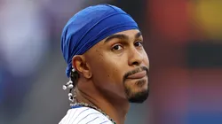 Francisco Lindor #12 of the New York Mets looks on prior to Game Three of the Division Series against the Philadelphia Phillies at Citi Field on October 08, 2024 in New York City.