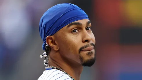 Francisco Lindor #12 of the New York Mets looks on prior to Game Three of the Division Series against the Philadelphia Phillies at Citi Field on October 08, 2024 in New York City.