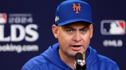 Manager Carlos Mendoza of the New York Mets speaks to the media during a press conference before Game Three of the Division Series against the Philadelphia Phillies at Citi Field on October 08, 2024 in the Queens borough of New York City.