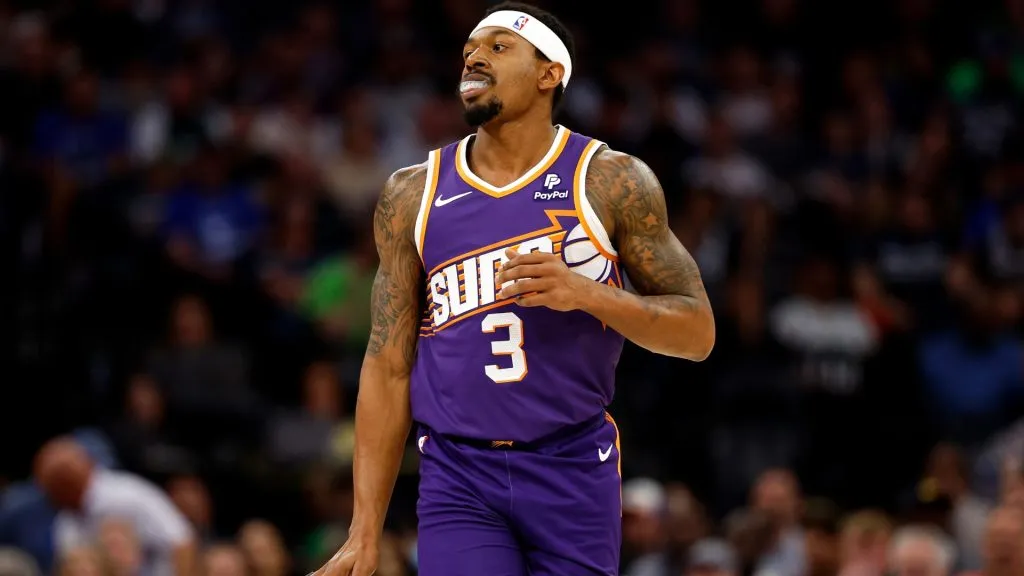 Bradley Beal #3 of the Phoenix Suns celebrates his basket against the Minnesota Timberwolves in the second quarter at Target Center on April 14, 2024 in Minneapolis, Minnesota.