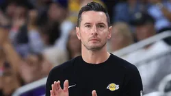 Los Angeles Lakers Head Coach JJ Redick looks on from the bench during the first half of a game against the Minnesota Timberwolves