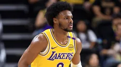 Bronny James #9 of the Los Angeles Lakers runs upcourt during the first half of a game against the Minnesota Timberwolves at Acrisure Arena on October 04, 2024 in Palm Springs, California.