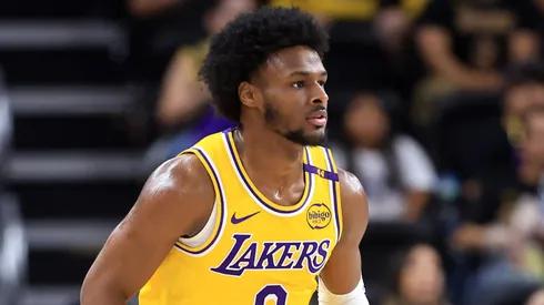 Bronny James #9 of the Los Angeles Lakers runs upcourt during the first half of a game against the Minnesota Timberwolves at Acrisure Arena on October 04, 2024 in Palm Springs, California.