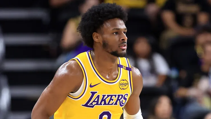 Bronny James #9 of the Los Angeles Lakers runs upcourt during the first half of a game against the Minnesota Timberwolves at Acrisure Arena on October 04, 2024 in Palm Springs, California.