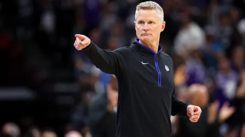 Golden State Warriors head coach Steve Kerr point to his bench during Game Two of the Western Conference First Round Playoffs against the Sacramento Kings
