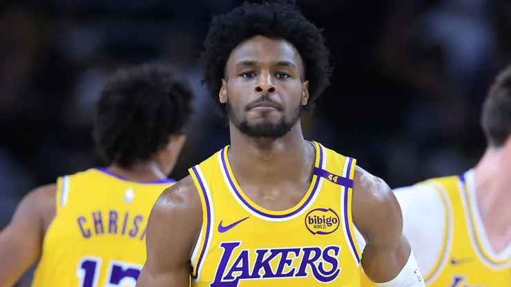 Bronny James #9 of the Los Angeles Lakers looks onduring the first half of a game against the Minnesota Timberwolves at Acrisure Arena on October 04, 2024 in Palm Springs, California.