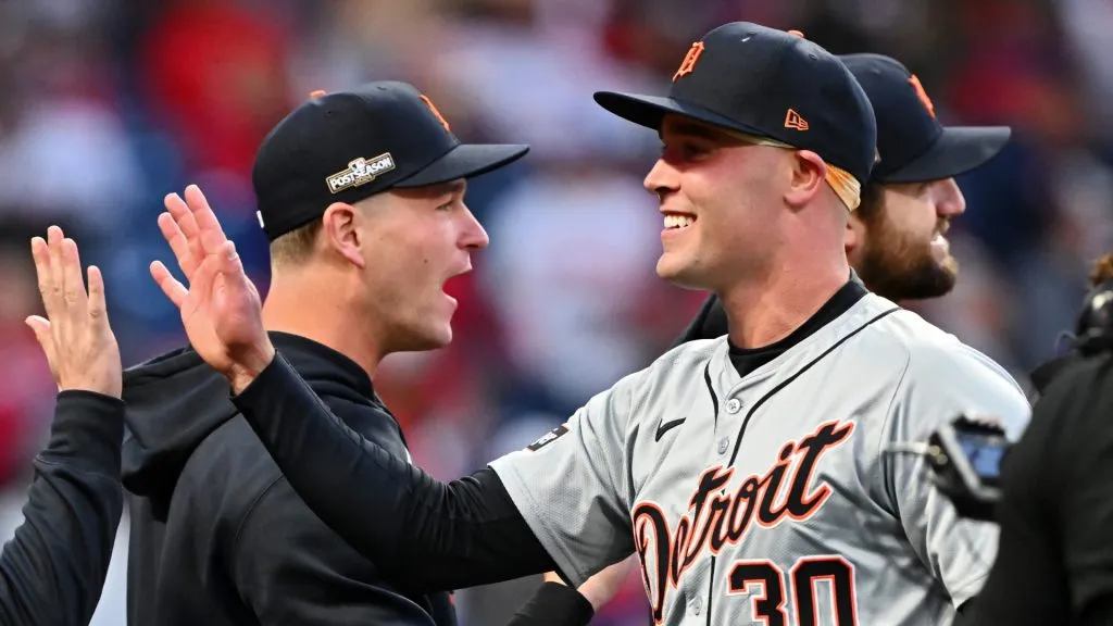 : Kerry Carpenter #30 of the Detroit Tigers celebrates with teammates after beating the Cleveland Guardians 3-0 in Game Two of the Division Series at Progressive Field on October 07, 2024 in Cleveland, Ohio. (Photo by Jason Miller/Getty Images)