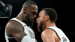 LeBron James #6 and Stephen Curry #4 of Team United States celebrate after their team's win against Team Serbia during a Men's basketball semifinals match between Team United States and Team Serbia on day thirteen of the Olympic Games Paris 2024 at Bercy Arena on August 08, 2024 in Paris, France.