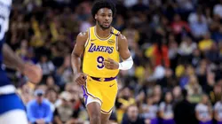 Bronny James #9 of the Los Angeles Lakers looks onduring the first half of a game against the Minnesota Timberwolves