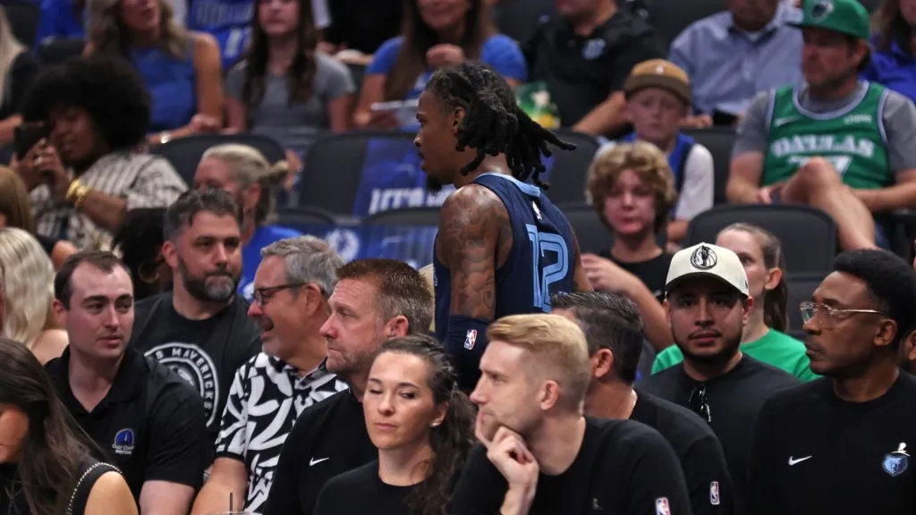 Ja Morant #12 of the Memphis Grizzlies leaves the game in the second half of a preseason game against the Dallas Mavericks at American Airlines Center on October 7, 2024 in Dallas, Texas.