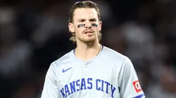 Bobby Witt Jr. #7 of the Kansas City Royals looks on against the New York Yankees at Yankee Stadium on October 05, 2024 in the Bronx borough of New York City.