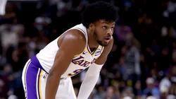 Bronny James #9 of the Los Angeles Lakers looks on from the court during the second quarter against the Phoenix Suns at Acrisure Arena on October 06, 2024 in Palm Springs, California.