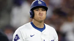 Shohei Ohtani #17 of the Los Angeles Dodgers reacts after striking out in the eighth inning against the San Diego Padres during Game Two of the Division Series at Dodger Stadium on October 06, 2024 in Los Angeles, California.