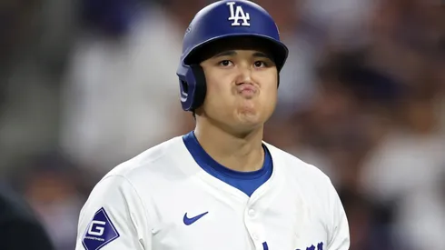 Shohei Ohtani #17 of the Los Angeles Dodgers reacts after striking out in the eighth inning against the San Diego Padres during Game Two of the Division Series at Dodger Stadium on October 06, 2024 in Los Angeles, California.