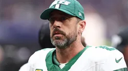 Aaron Rodgers of New York Jets looks on during the NFL match between New York Jets and Minnesota Vikings at Tottenham Hotspur Stadium on October 06, 2024 in London, England.