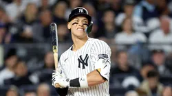 Aaron Judge #99 of the New York Yankees reacts at bat against the Kansas City Royals in Game Two of the Division Series at Yankee Stadium on October 07, 2024 in the Bronx borough of New York City.
