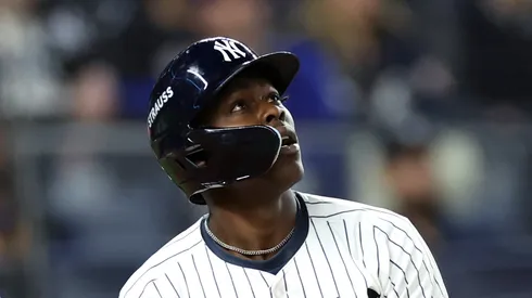 Jazz Chisholm Jr. #13 of the New York Yankees watches his solo home run in the ninth inning against the Kansas City Royals during Game Two of the Division Series at Yankee Stadium on October 07, 2024 in New York City.