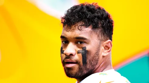 Tua Tagovailoa #1 of the Miami Dolphins looks on against the Jacksonville Jaguars at Hard Rock Stadium on September 08, 2024 in Miami Gardens, Florida.
