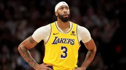 Anthony Davis #3 of the Los Angeles Lakers looks on during the game against the Portland Trail Blazers