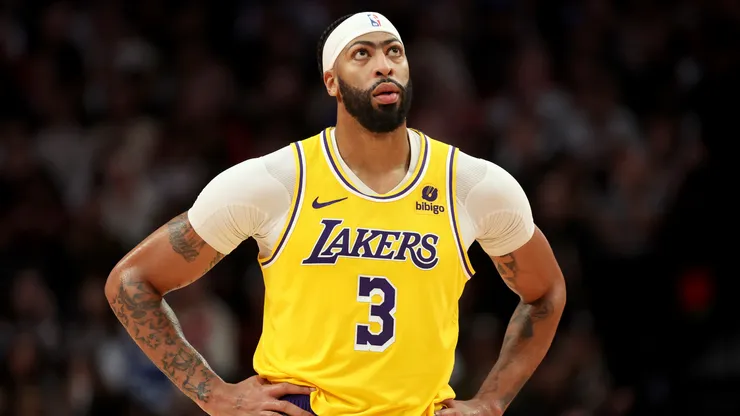 Anthony Davis #3 of the Los Angeles Lakers looks on during the game against the Portland Trail Blazers