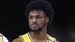 Bronny James #9 of the Los Angeles Lakers during the first half of a game against the Minnesota Timberwolves at Acrisure Arena on October 04, 2024 in Palm Springs, California.