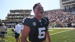 Richie Hoskins #5 of the Vanderbilt Commodores celebrates after an overtime victory over Virginia Tech Hokies at FirstBank Stadium on August 31, 2024 in Nashville, Tennessee.