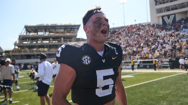 Richie Hoskins #5 of the Vanderbilt Commodores celebrates after an overtime victory over Virginia Tech Hokies at FirstBank Stadium on August 31, 2024 in Nashville, Tennessee.