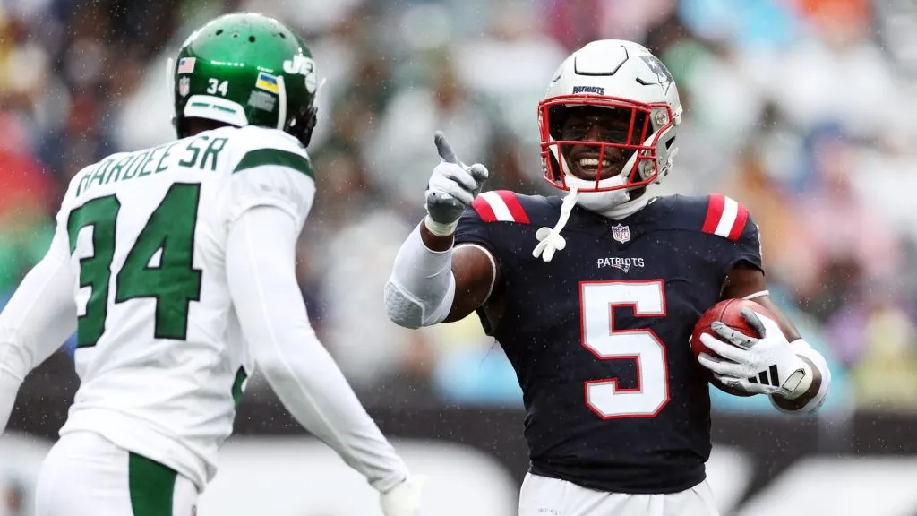 Jabrill Peppers #5 of the New England Patriots reacts in the first half of a game against the New York Jets at MetLife Stadium on September 24, 2023 in East Rutherford, New Jersey. (Photo by Elsa/Getty Images)