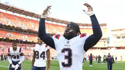 Jabrill Peppers #3 of the New England Patriots celebrates after his team's 38-15 win against the Cleveland Browns at FirstEnergy Stadium on October 16, 2022 in Cleveland, Ohio. (Photo by Nick Cammett/Getty Images)