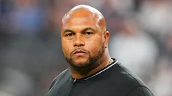 Head coach Antonio Pierce of the Las Vegas Raiders looks on during warmups before a preseason game against the Dallas Cowboys at Allegiant Stadium on August 17, 2024 in Las Vegas, Nevada.