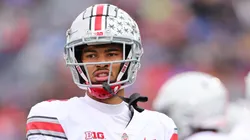 Emeka Egbuka #2 of the Ohio State Buckeyes looks on against the Northwestern Wildcats during the first half at Ryan Field on November 05, 2022 in Evanston, Illinois.