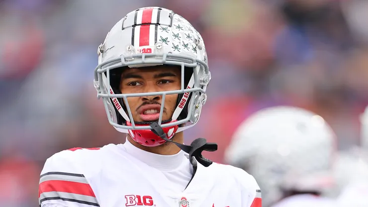 Emeka Egbuka #2 of the Ohio State Buckeyes looks on against the Northwestern Wildcats during the first half at Ryan Field on November 05, 2022 in Evanston, Illinois.