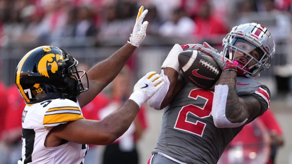 Wide receiver Emeka Egbuka #2 of the Ohio State Buckeyes catches a pass for a touchdown during the third quarter against the Iowa Hawkeyes at Ohio Stadium on October 05, 2024 in Columbus, Ohio.